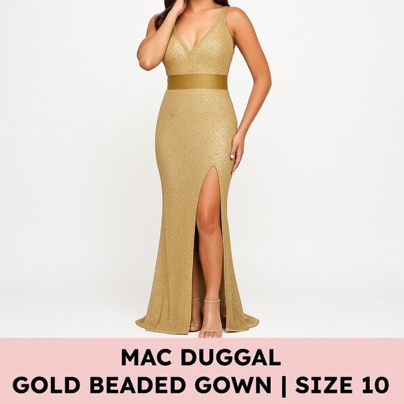 Mac Duggal Beaded V-Neck Evening Gown Gold Size 10 - Picture 1 of 16